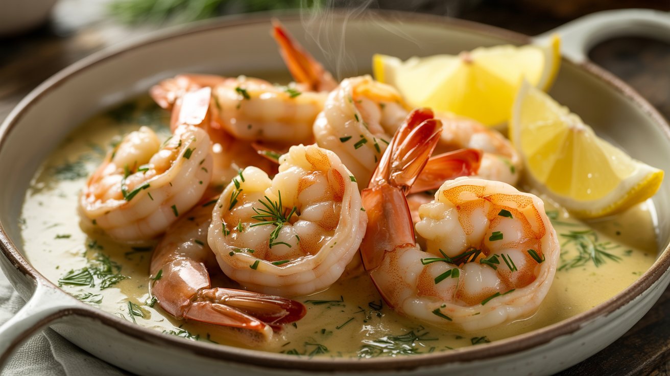 Shrimp in creamy garlic herb sauce, garnished with lemon slices, served alongside salmon topped with crabmeat.
