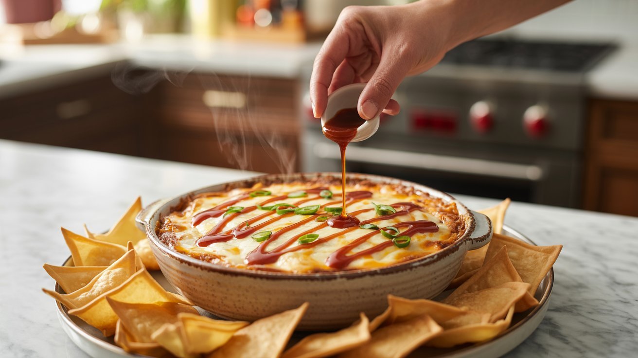 Cheesy buffalo dip served with crispy chips, garnished with sweet chili sauce for added flavor.