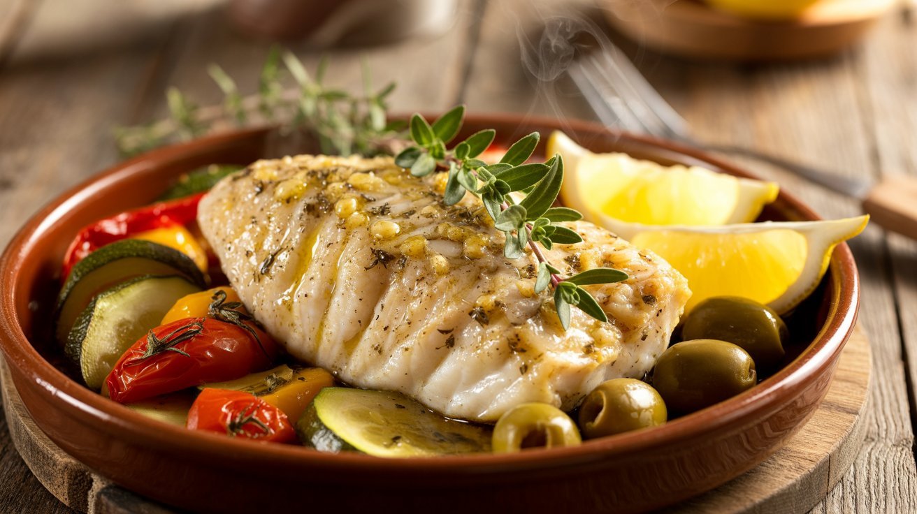 A plate of Mediterranean baked cod topped with fresh herbs, accompanied by colorful vegetables.