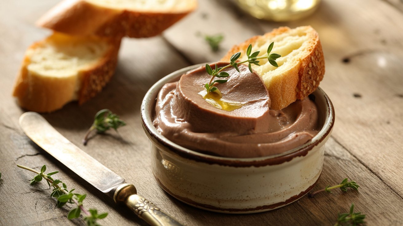 A bowl of Chicken Liver mousse accompanied by slices of bread and fresh herbs, highlighting a gourmet presentation.