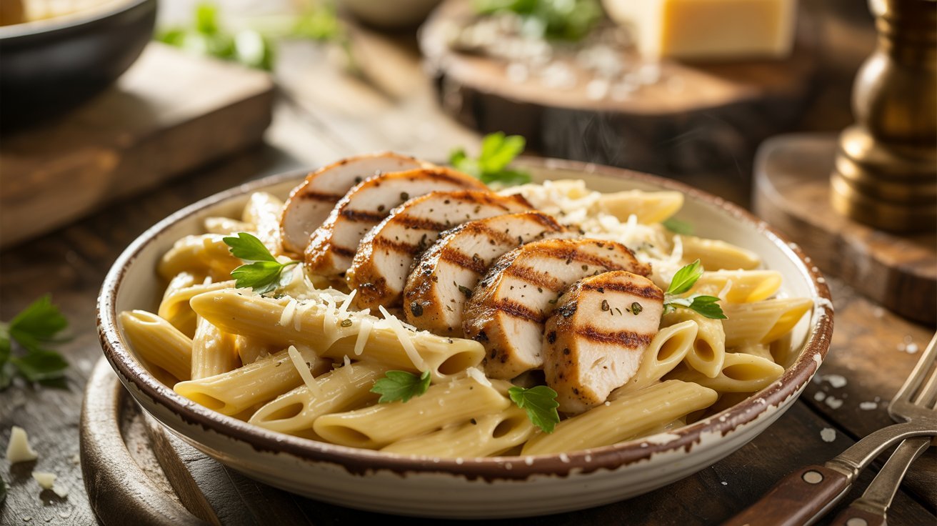 A bowl of whole wheat chicken pasta cooked in a crock pot, showcasing creamy sauce and pieces of chicken.