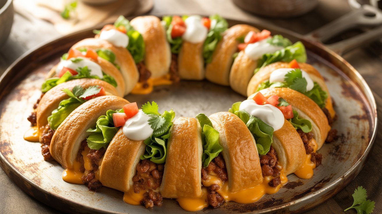 A Taco Crescent Ring sandwich topped with melted cheese and slices of meat.