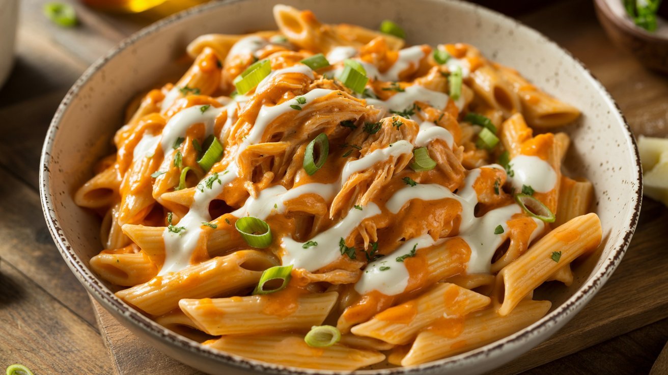 A bowl filled with creamy Buffalo chicken pasta topped with melted cheese.