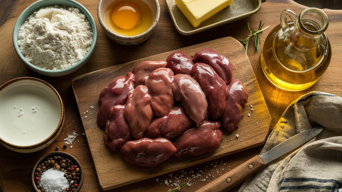 Cutting board with raw chicken and essential ingredients: flour, egg, and oil for frying chicken livers.
