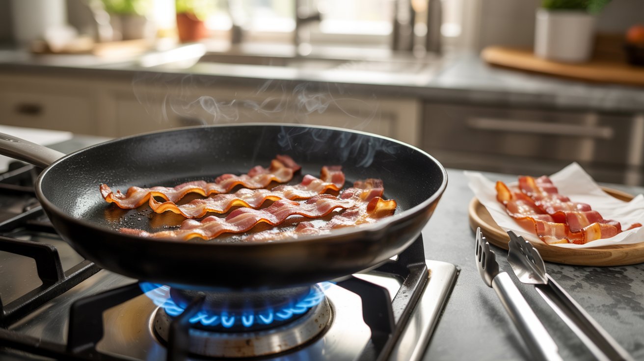 A frying pan with sizzling bacon cooking on a stove, part of a recipe for shrimp and grits.