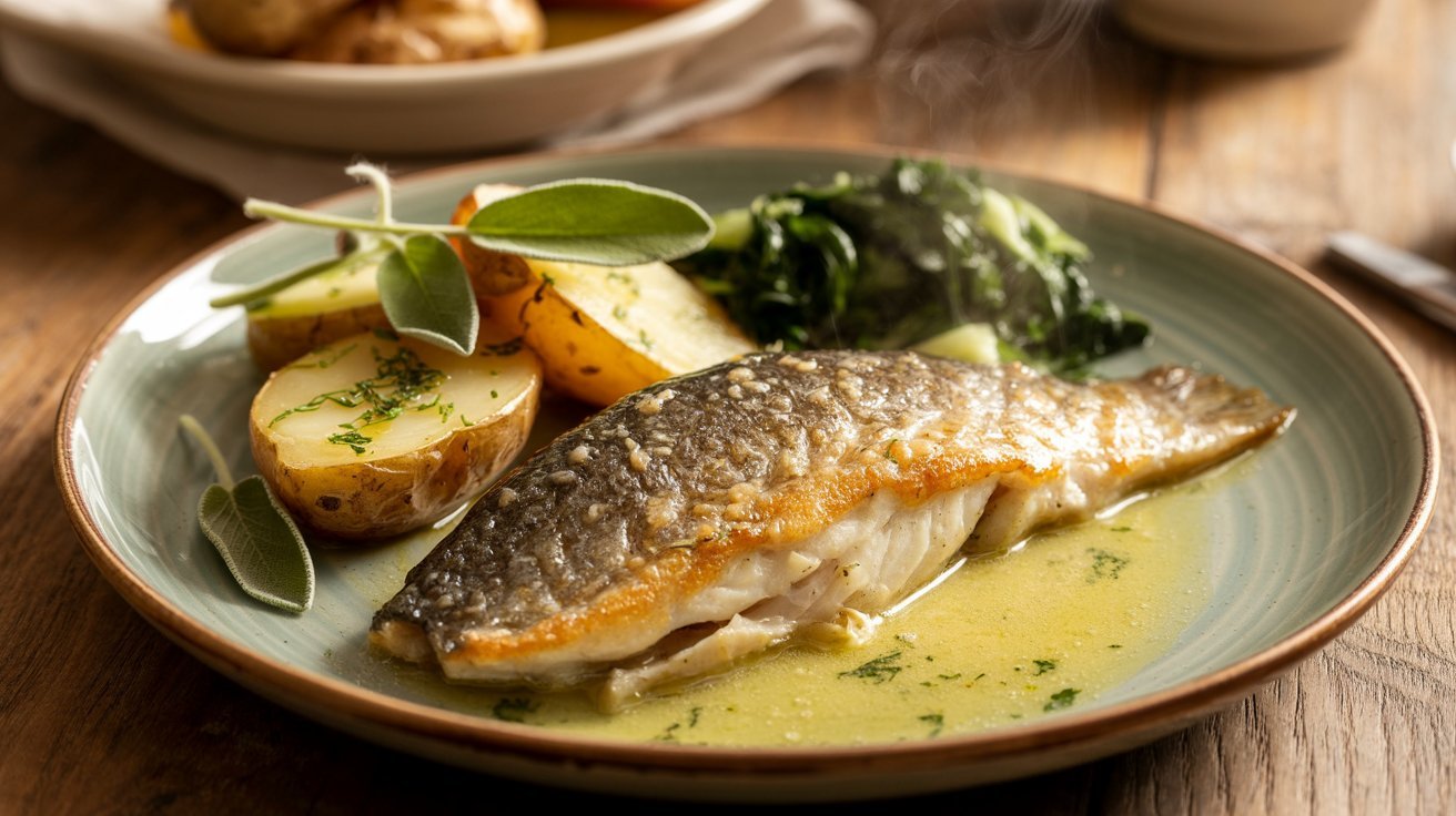 A plate featuring pan-seared trout with sage butter sauce, accompanied by potatoes and mixed vegetables.