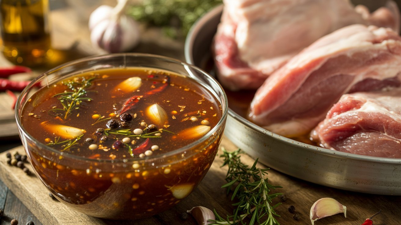Pork chops and spices in a glass on a cutting board, showcasing ingredients for a smoky-sweet BBQ pork brine recipe.