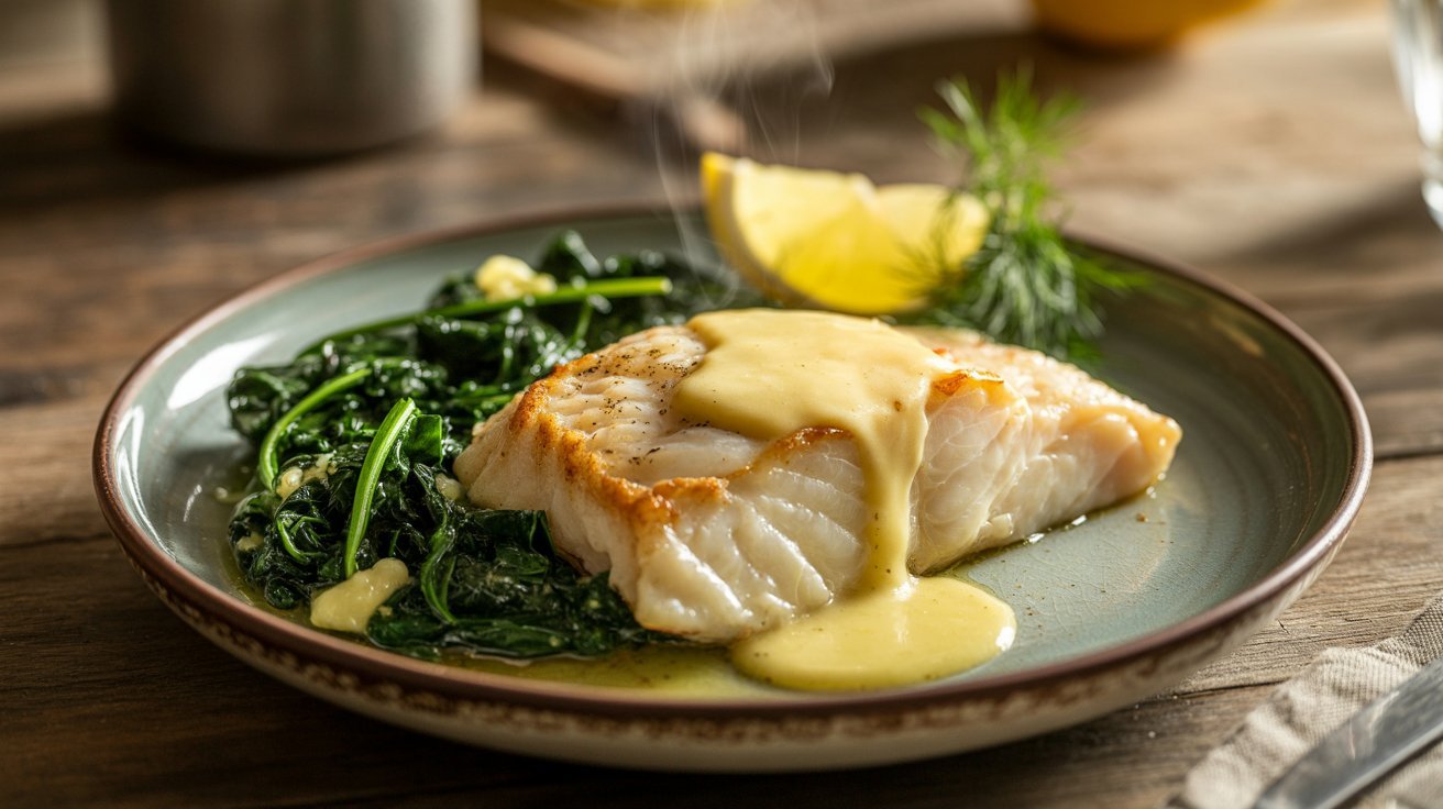 A plate featuring warm lemon butter cod accompanied by fresh greens.