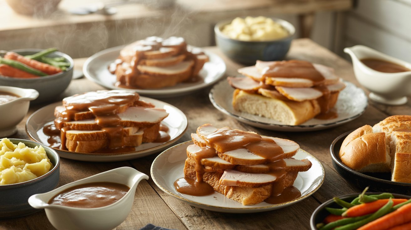 A table set with various plates of food, including turkey and gravy, showcasing the diverse Turkey Manhattan variations.