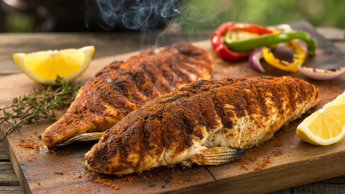 Cajun grilled catfish served on a wooden board, accompanied by lemon slices and fresh vegetables for a vibrant presentation.