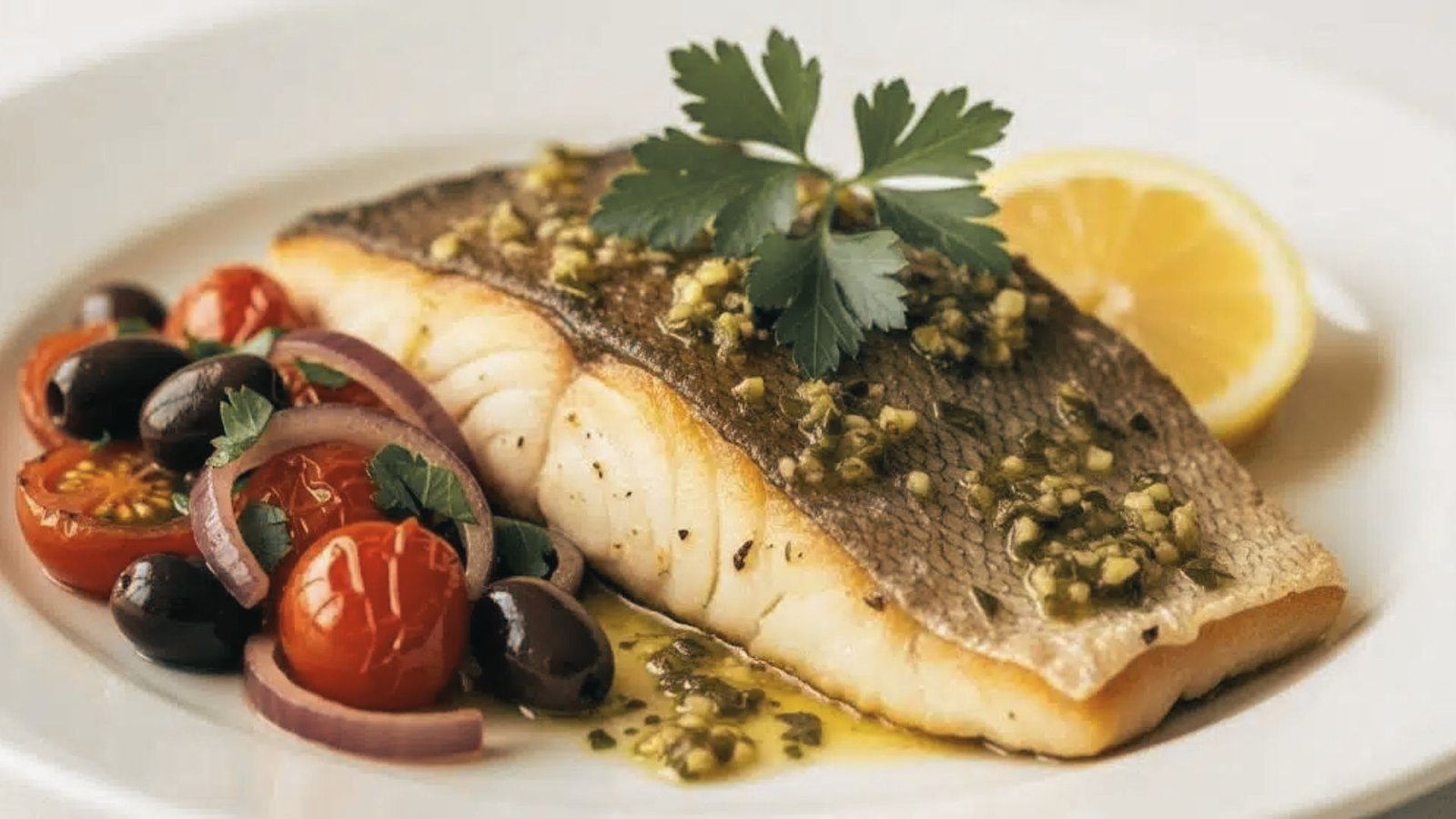 A dish featuring baked corvina fillet garnished with olives, tomatoes, and parsley, inspired by a Lemon Pepper recipe.