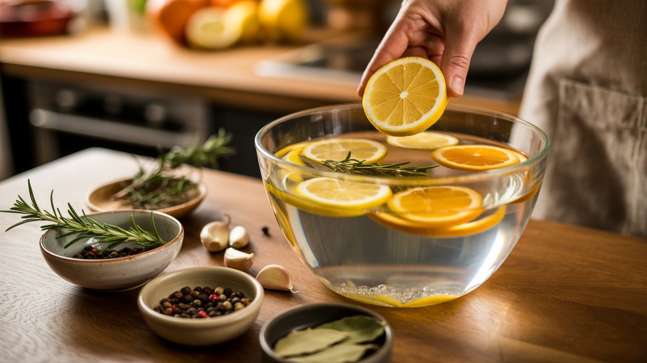  A person holds a lemon slice above a bowl of water, illustrating a step in a pork brine recipe with citrus and herbs