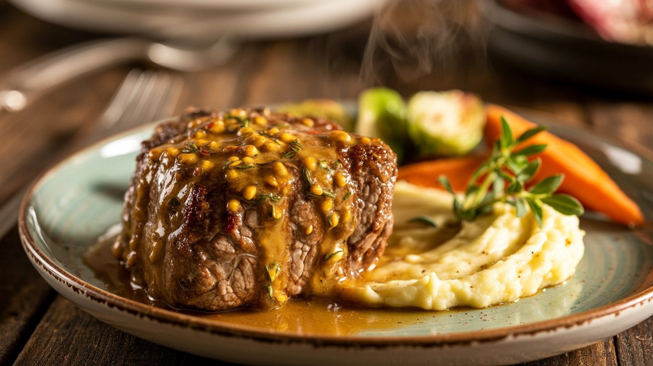 A plate featuring mustard fried venison cube steak, creamy mashed potatoes, and vibrant carrots