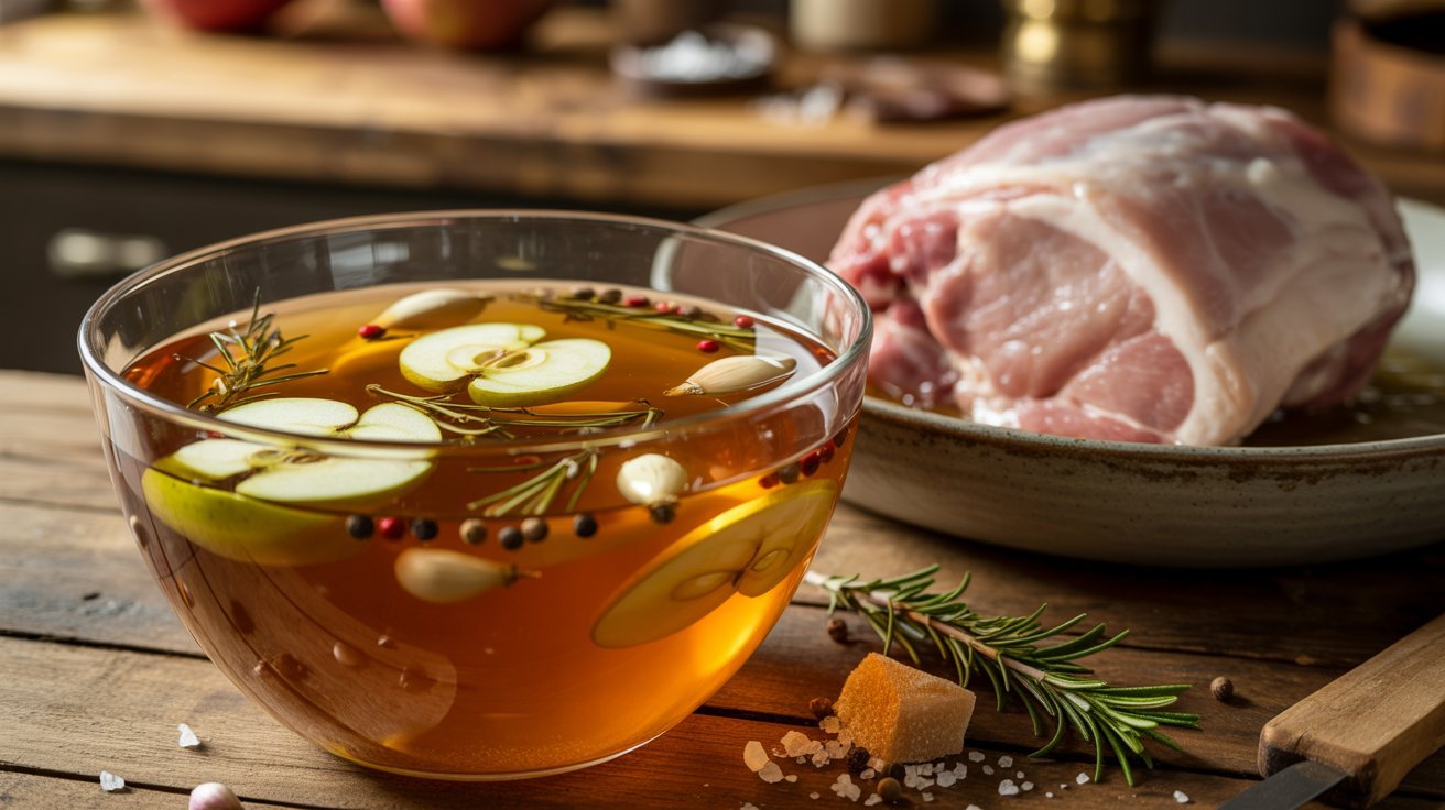 A Bowl of apple cider vinegar pork and sliced apples on a rustic wooden table.
