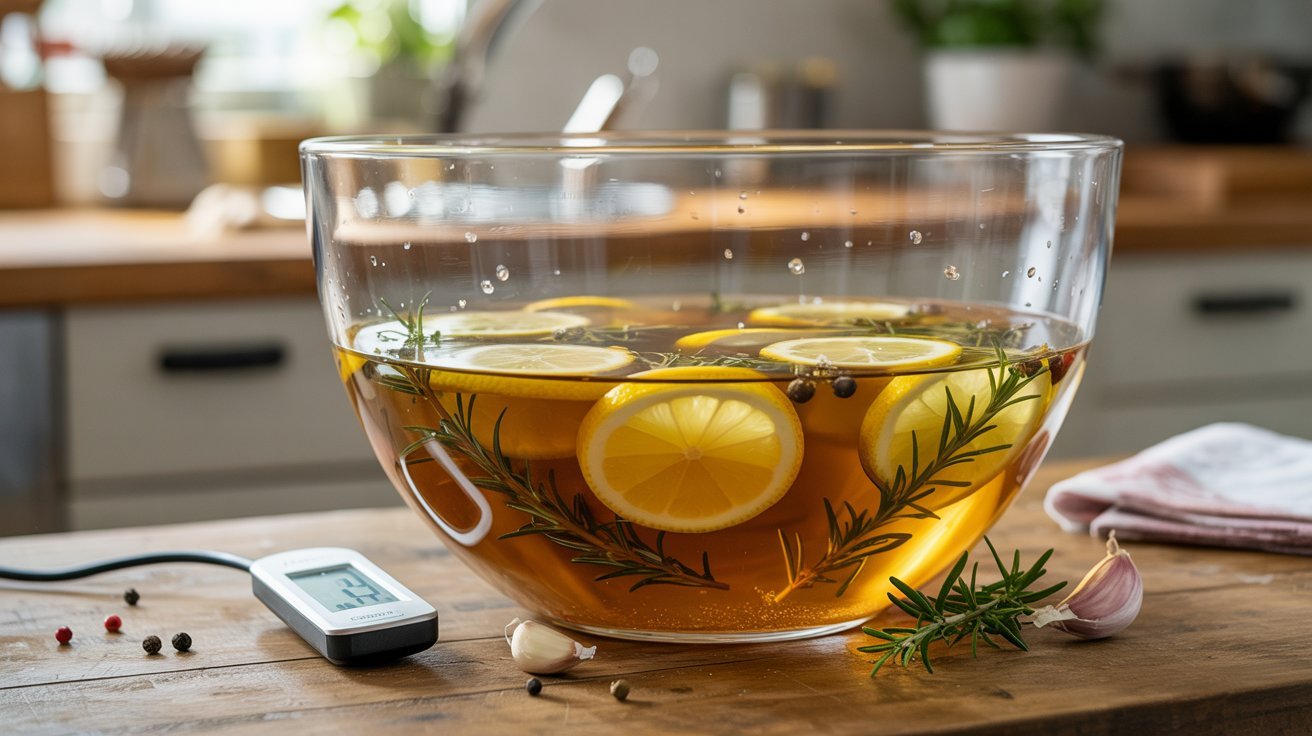 A clear glass filled with,Water slices of lemon and sprigs of herbs, highlighting a Pork Brine Recipe