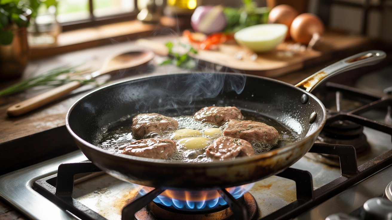 A frying pan with meat and vegetables cooking on a stove, showcasing the heating process with oil or butter.