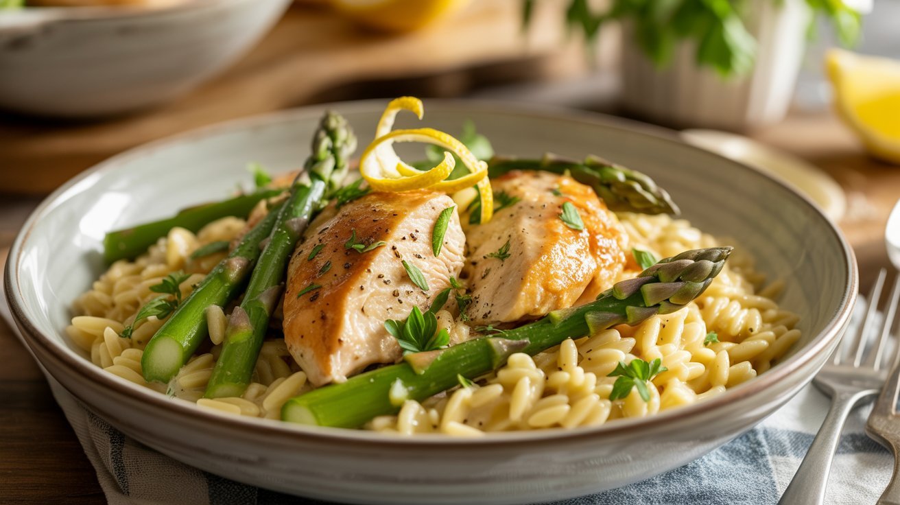 A plate of lemon chicken orzo pasta featuring asparagus, topped with a zesty lemon-pepper sauce.