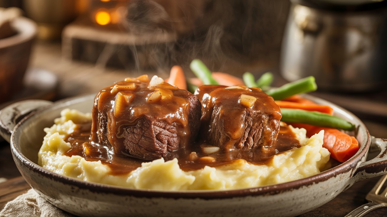 A plate of Crockpot venison cube steak with gravy, served alongside creamy mashed potatoes.