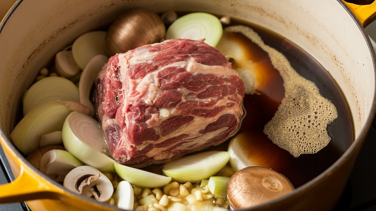 A pot filled with meat, onions, and mushrooms.