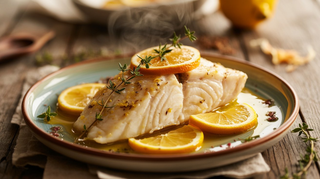 Citrus baked halibut garnished with Lime slices and thyme, highlighting a fresh and aromatic seafood meal.