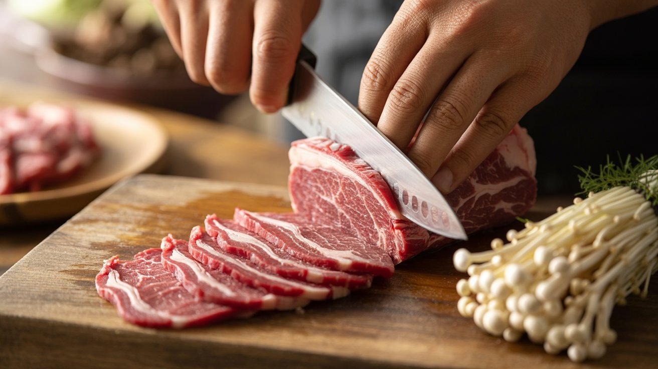 A person slices thin beef on a cutting board, demonstrating Step 2 of the Enoki Beef Roll recipe.