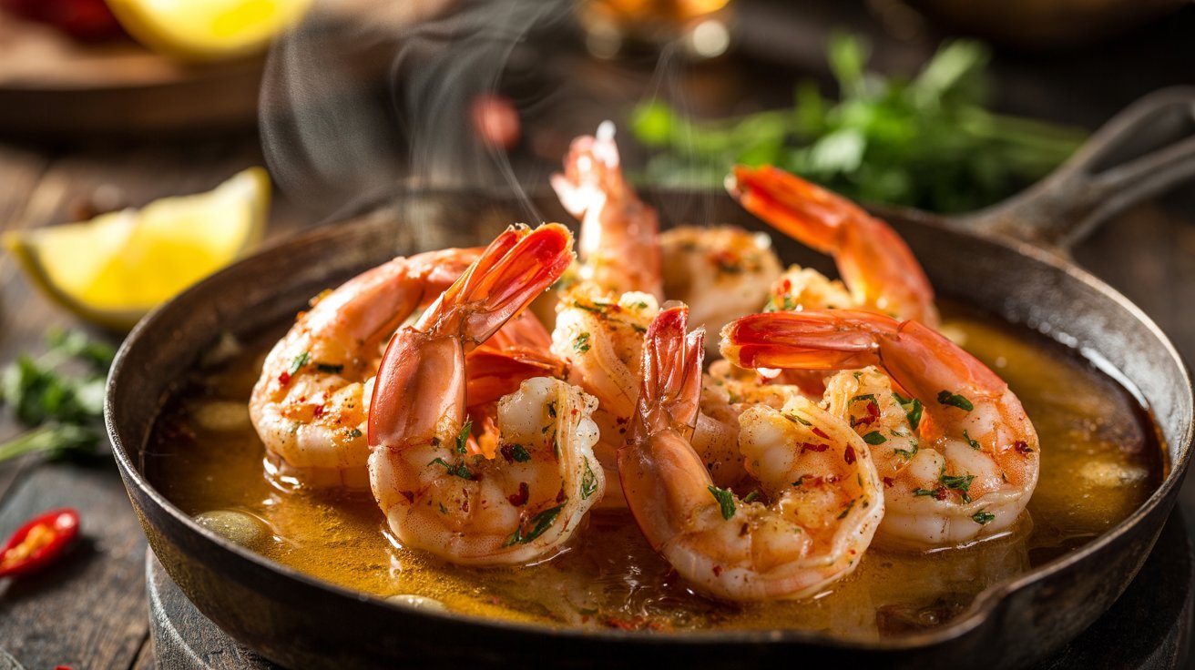 Shrimp sautéed in a skillet with lemon slices and fresh herbs, showcasing a Cajun Peel and Eat Shrimp recipe.