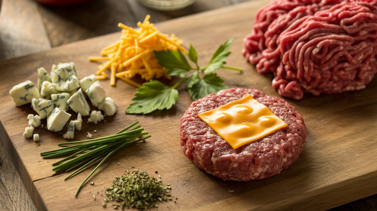 Premium ground beef for making burgers, featuring optional add-ins such as cheese, herbs, and spices for customization.