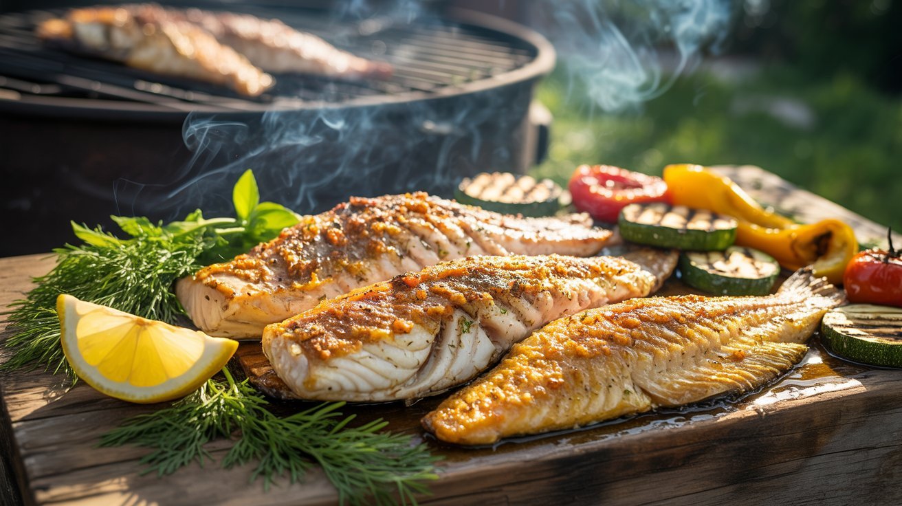 A wooden board displays grilled catfish with an assortment of fresh vegetables, highlighting a flavorful dish.