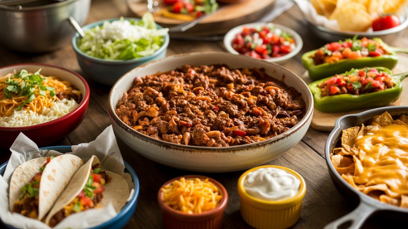 A Bowl of seasoned taco meat surrounded by dishes of tacos, taco bowls, pasta, stuffed peppers, and nachos with fresh toppings in a rustic kitchen setting.