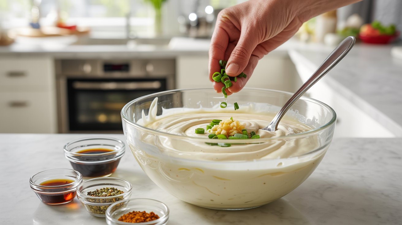 A person adds seasonings to a bowl of cream cheese for a crab rangoon dip recipe.