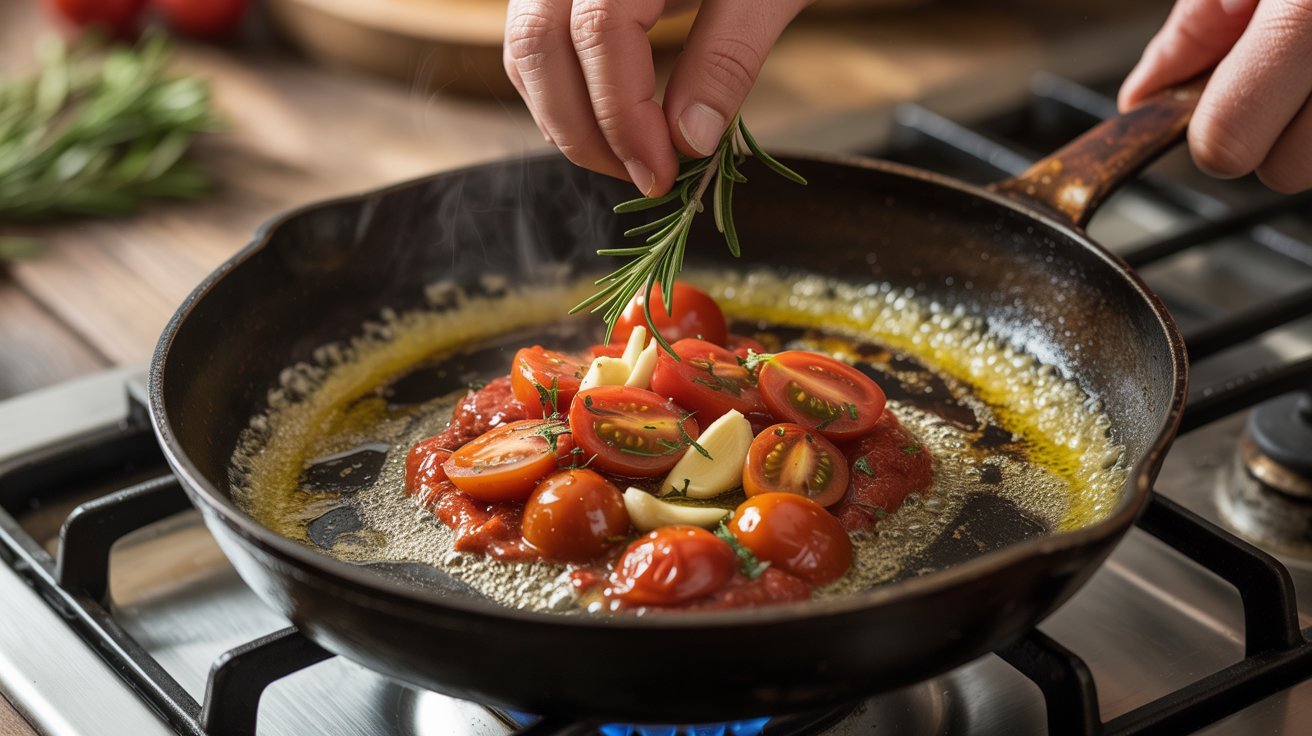 A person stirring fresh tomatoes in a skillet, preparing a flavorful base for a shrimp recipe.