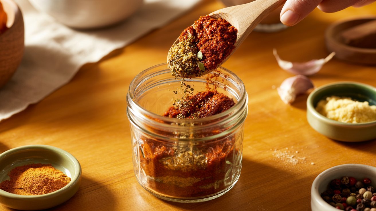 A person adding spices to a jar labeled "Smoked Turkey Rub," demonstrating proper storage techniques.