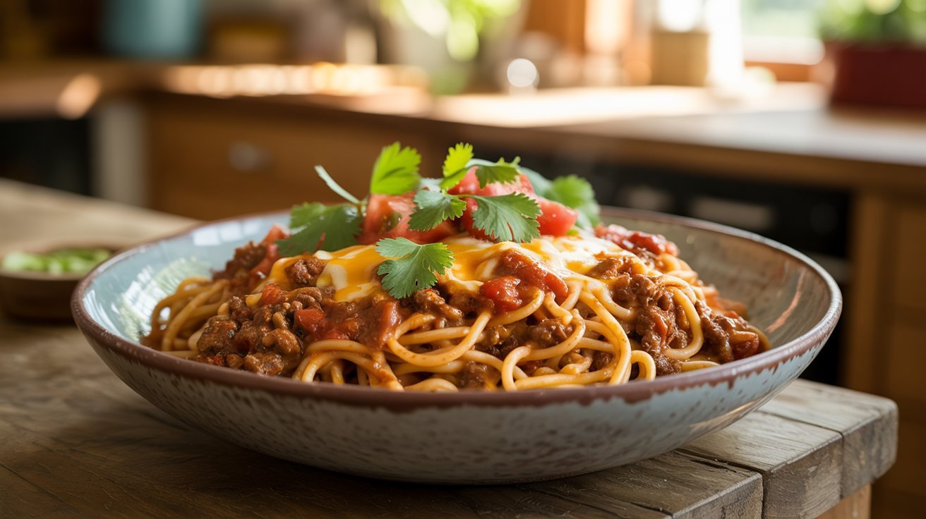 A serving of Mexican spaghetti, also known as taco pasta, with chili, cheese, and colorful toppings on a white plate.