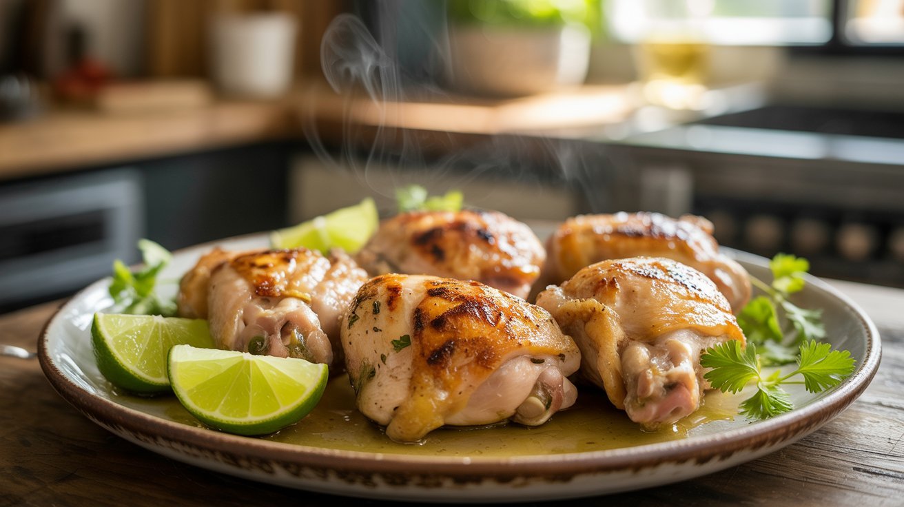 A plate of Classic Tequila Lime Chicken Thighs, featuring vibrant lime slices and herbs, highlighting a flavorful dish.