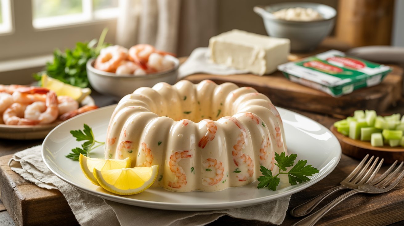 A shrimp mold on a plate, garnished with lemon slices, showcasing a perfect shrimp mold recipe with cream of mushroom soup.