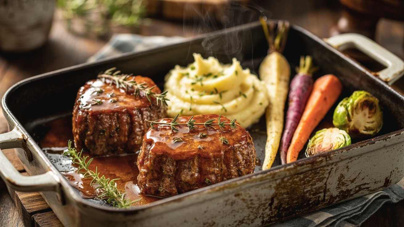 Two baked venison cube steaks with mashed potatoes and carrots in a skillet, ready to be served.