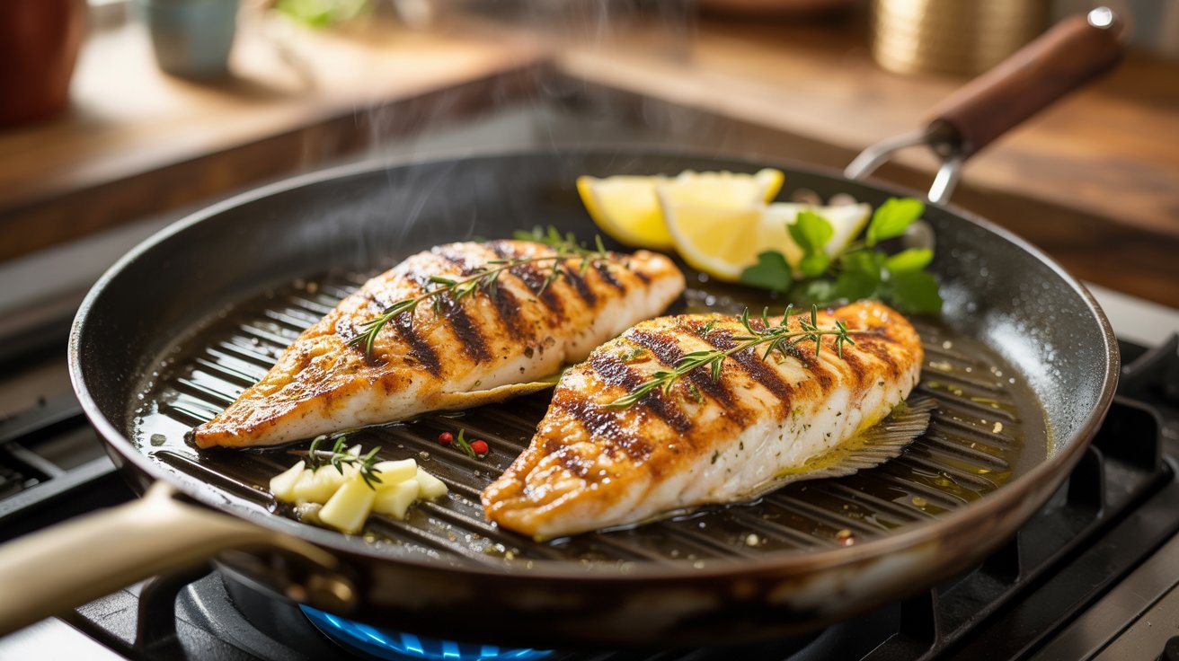 Grilled catfish in a frying pan, garnished with fresh lemon slices, showcasing a delicious stovetop grill preparation.