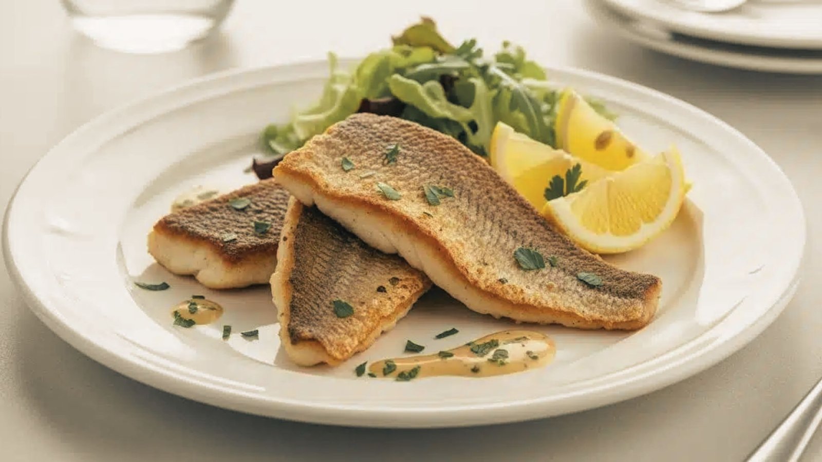 A plate of corvina fish garnished with lemon slices and fresh herbs, highlighting a delicious seafood dish.