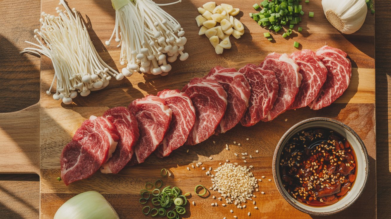 Sliced beef on a cutting board surrounded by ingredients for an Enoki beef roll recipe.
