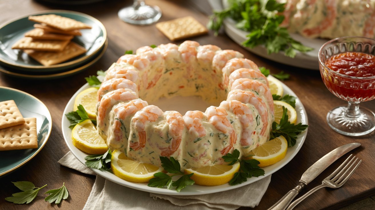 A shrimp ring on a plate, surrounded by crackers and lemon slices, showcasing a popular New Orleans shrimp mold recipe.
