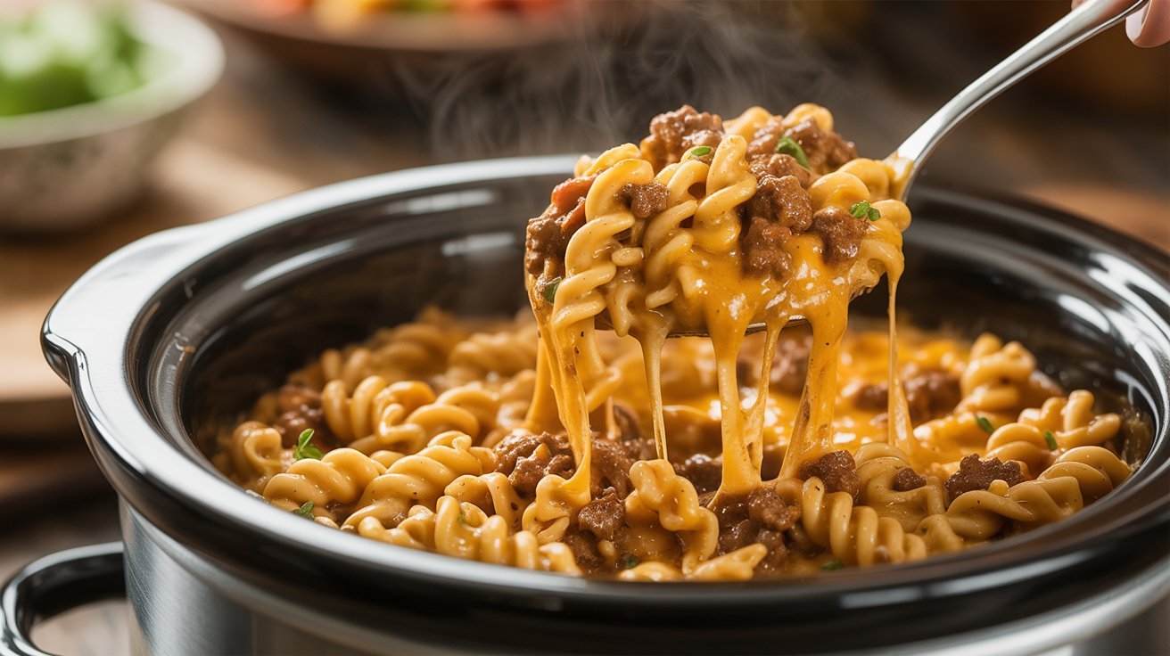 Slow cooker filled with creamy taco pasta with ground beef and melted cheese, steaming and served as a cozy homestyle comfort dish.