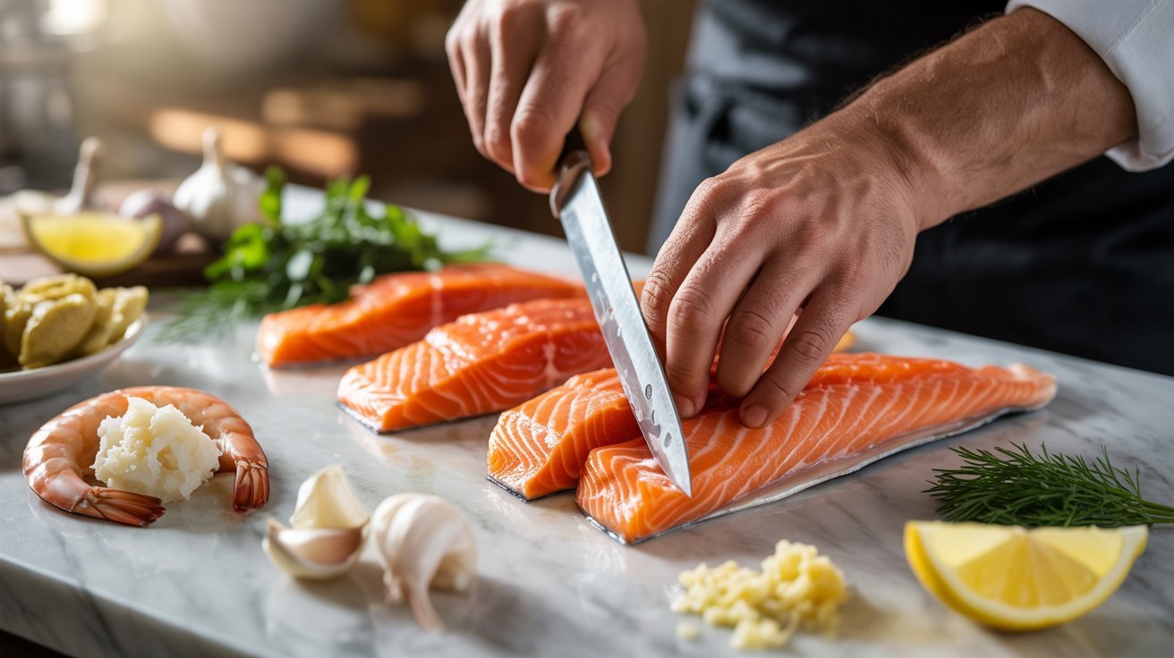 A Person is cutting salmon on a wooden cutting board, readying it for a delicious stuffed salmon dish with crab and shrimp.