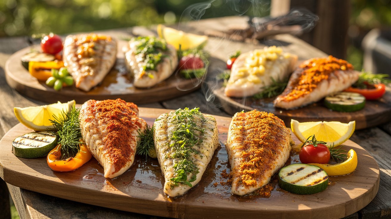 A wooden board displays grilled catfish alongside fresh vegetables, highlighting a flavorful dish for easy grilling.