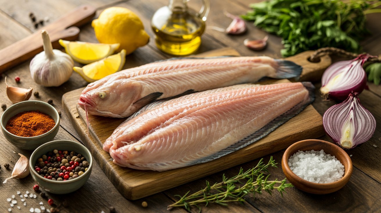 A grilled catfish on a wooden board, surrounded by colorful vegetables, showcasing a delicious meal.