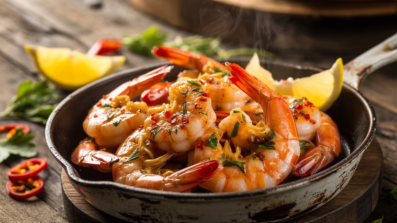 A pan filled with shrimp and lemon slices, showcasing a Cajun-style spicy dish with stuffed salmon and crabmeat.