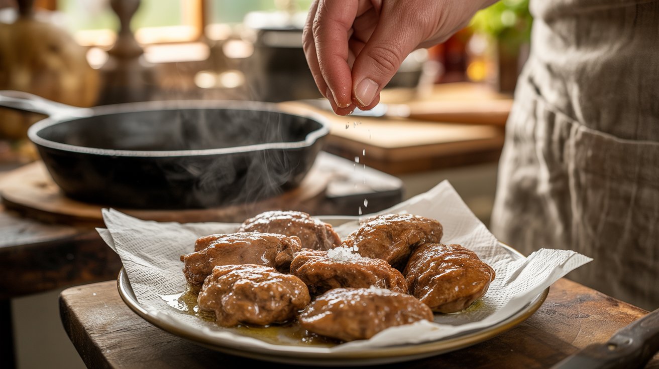 A person sprinkles sauce over meatballs, preparing them for serving after draining and resting.