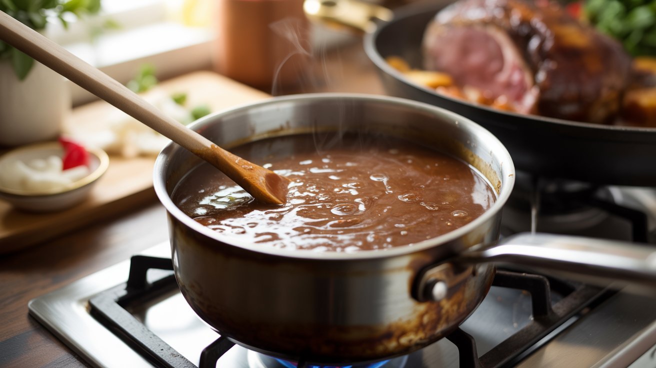 Simmering rich brown gravy in a saucepan on a stovetop, with a wooden spoon showing its smooth, glossy texture and steam rising.