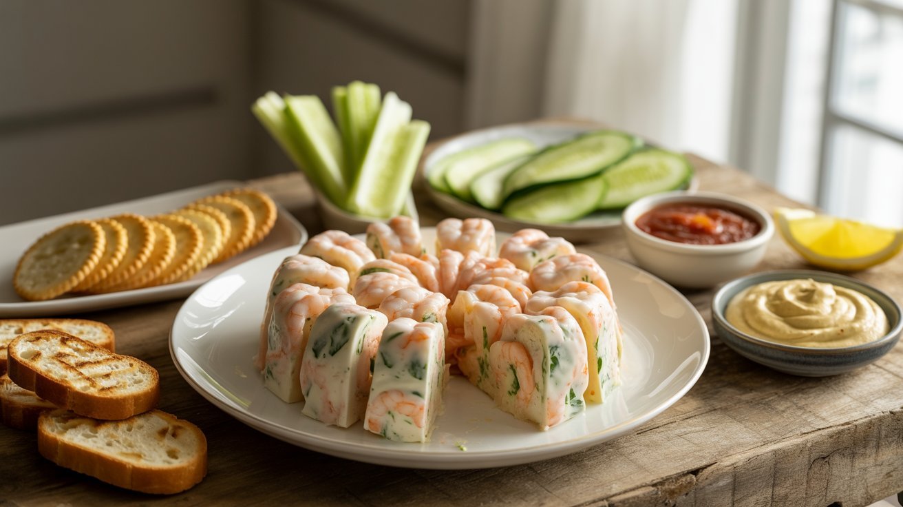 A plate of shrimp and cucumber arranged on a wooden table, showcasing a serving suggestion for a shrimp mold recipe.