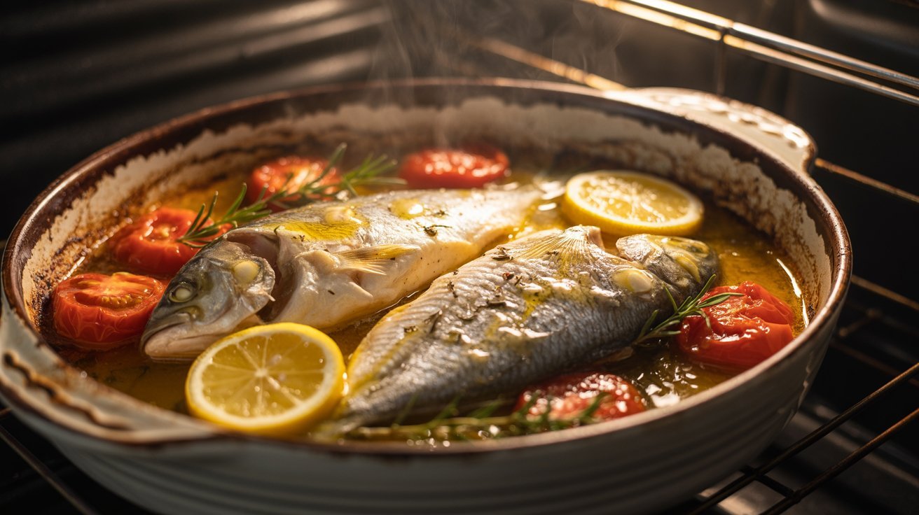 Two fish cooking in an oven, demonstrating the baking process for corvina fish recipes until fully cooked.