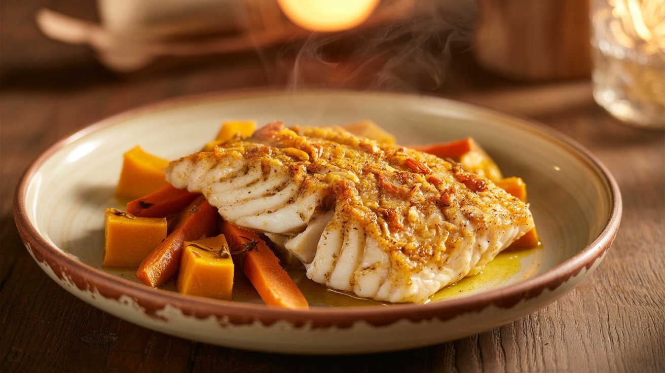 A dish of oven-baked haddock seasoned with warm fall spices, served with a variety of fresh vegetables.